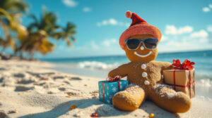 Cheerful gingerbread character relaxing in sunglasses and santa hat beside wrapped gifts, tropical beach setting with palm trees and turquoise waters