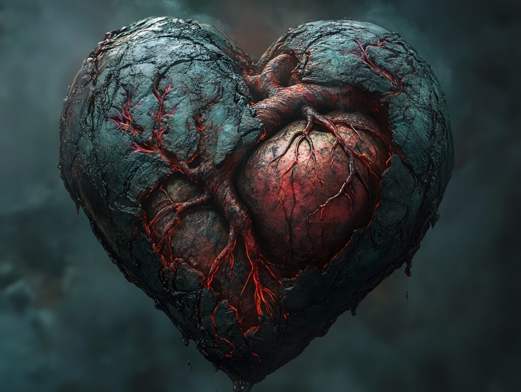 A heart made of stone with a beating red heart inside, connected by roots.